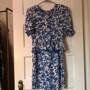Blue and white 100% silk vintage skirt suit